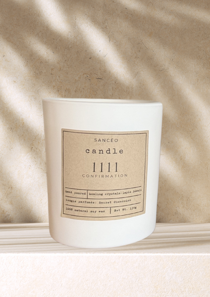 1111 Candle with Healing Crystals - Secret Obsession (7oz Matte White Jar)