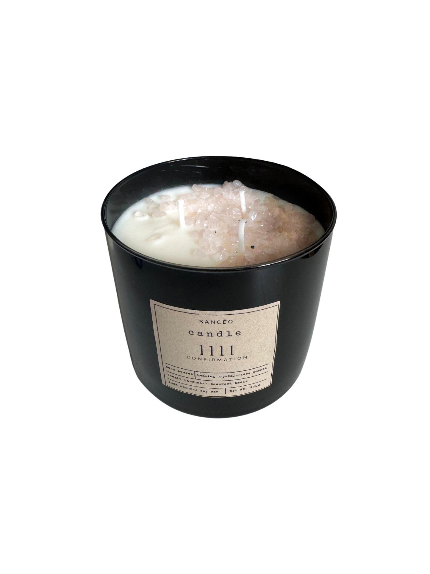 1111 3-wick Candle with Healing Crystals - Rosewood Oasis (20oz Jar)