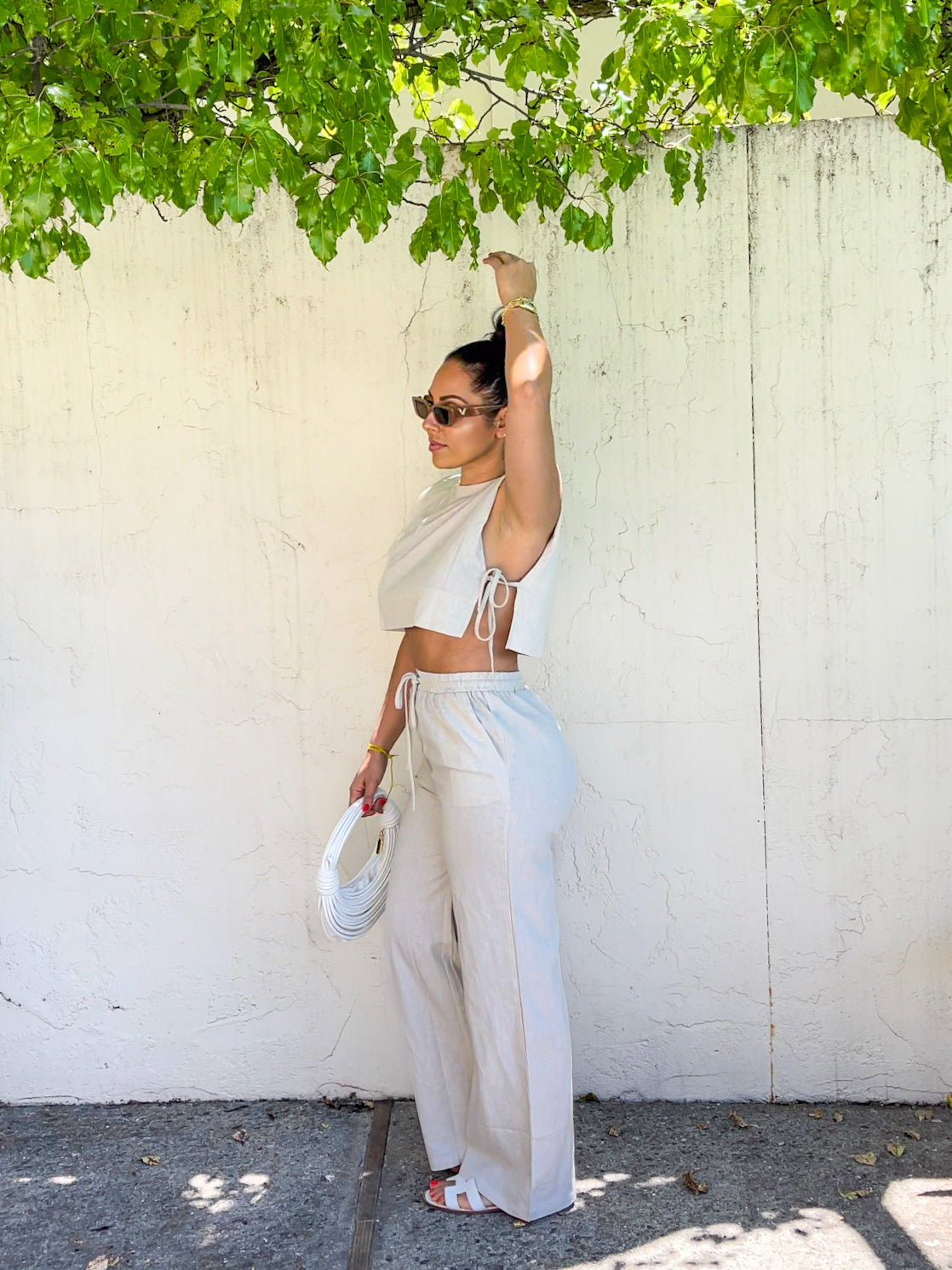 sanceo Linen Pant Set with Side Tie Crop Top