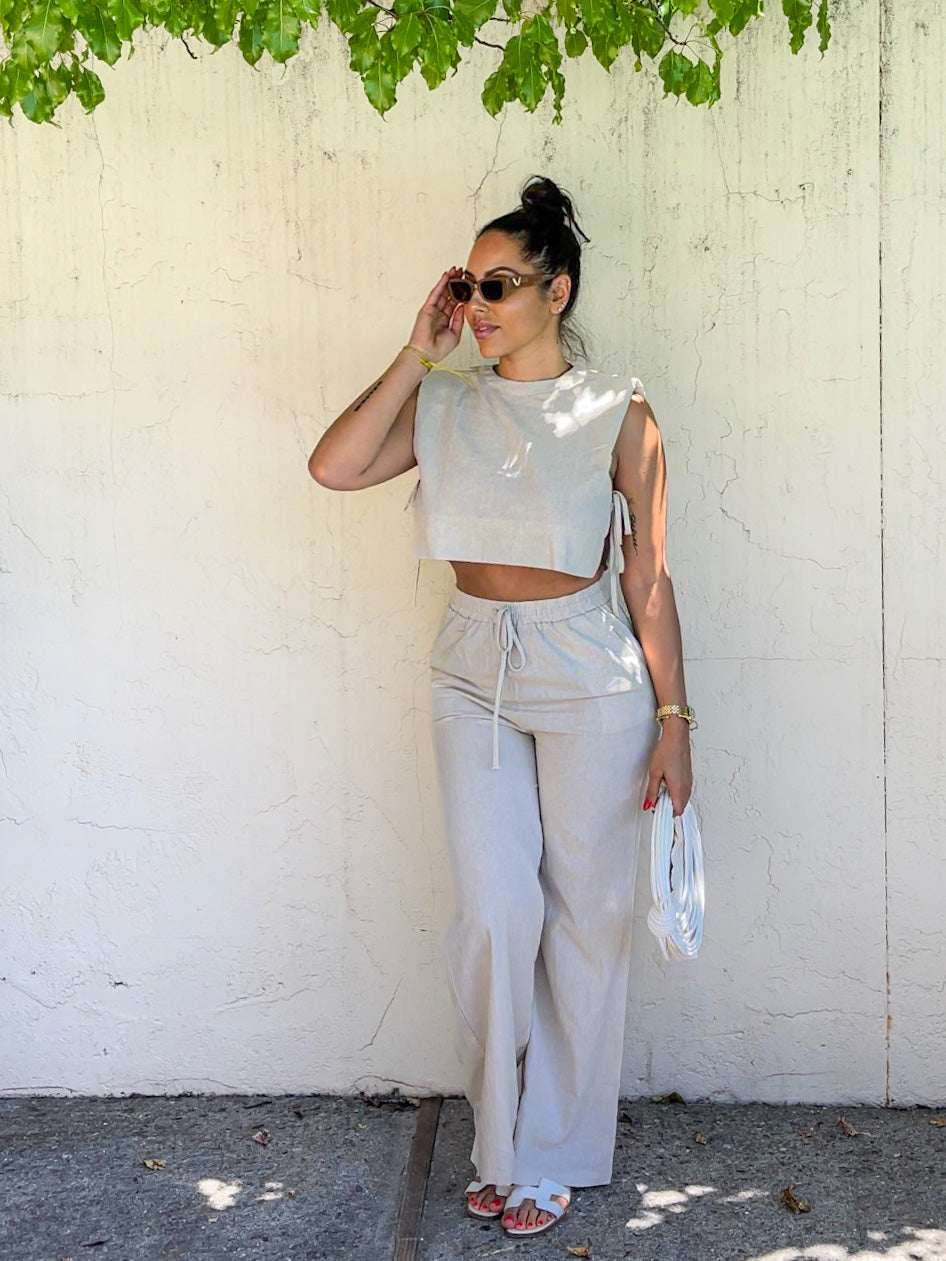 sanceo Linen Pant Set with Side Tie Crop Top